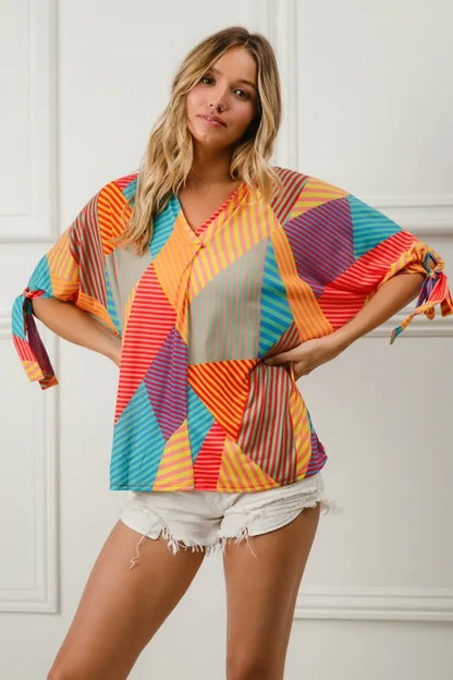 BiBi Multi Stripe Block Printed Jersey Blouse with Tied Sleeves