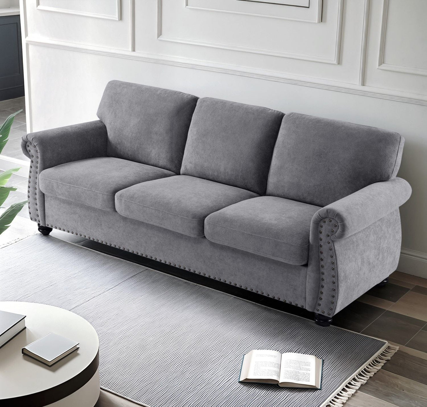 Soft Sofa, Upholstered 3 Seater Couch With High Density Foam, Loose Back Cushions and Turned Legs