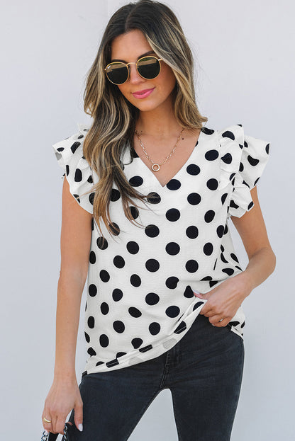 Threaded Pear Halo Polka Dot Ruffled Sleeve V Neck Blouse