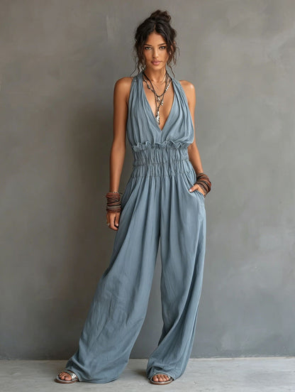 Women's V-Neck Halter Jumpsuit – Sleeveless Open Back Waist-Cinching