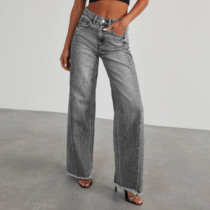 Mandotos Fashion High Waist Jeans With Pockets Slim Fit Straight Wide Leg Denim Pants