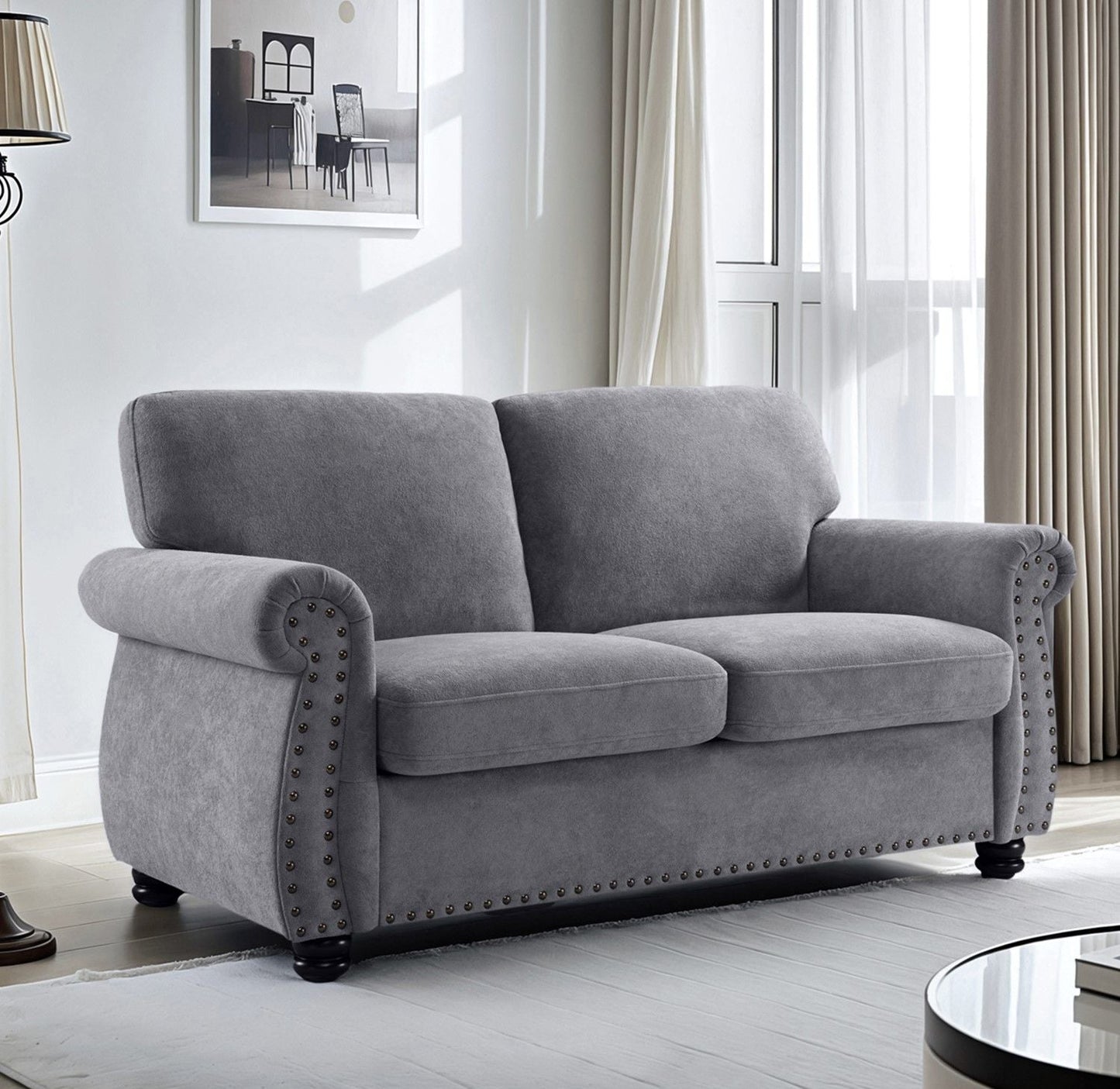 Soft Loveseat, Upholstered 2 Seater Couch, Loose Back Cushions and Turned Legs