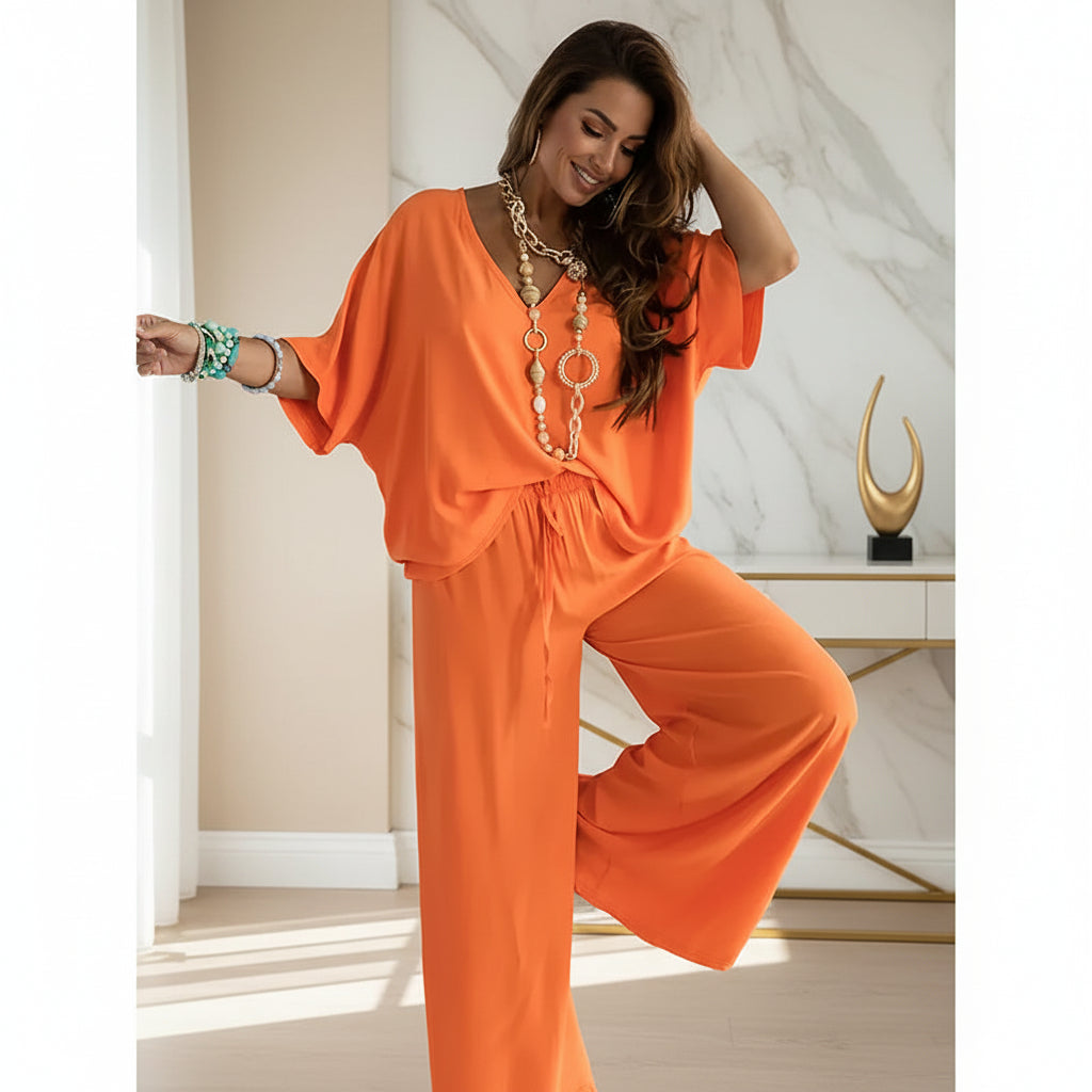 Women's V-Neck Batwing Top & Drawstring Wide-Leg Pants Two-Piece Set