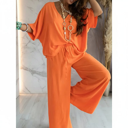 Women's V-Neck Batwing Top & Drawstring Wide-Leg Pants Two-Piece Set
