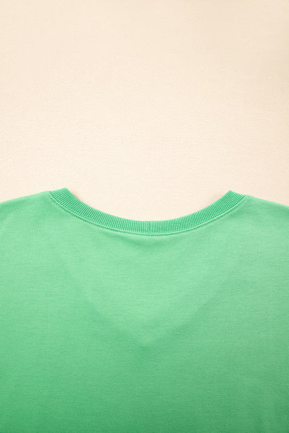 Mint Green V Neck Drop Shoulder Tee and Patchwork Drawstring Shorts Set