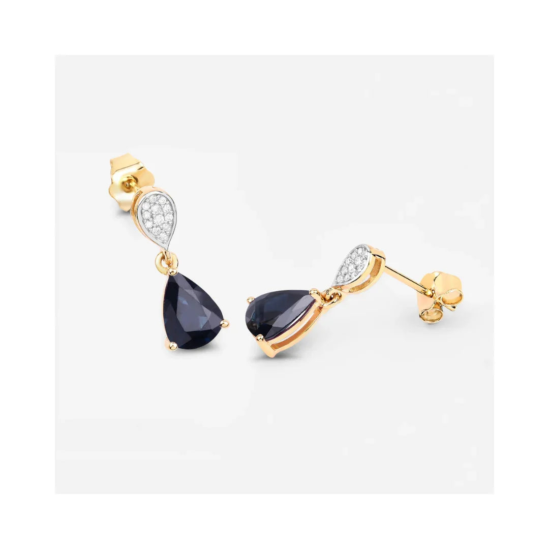 2.68 Ct Blue Sapphire & Diamond Prong 10K Gold Teardrop Dangle Earrings