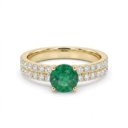 1.36 Cttw Round Gemstone Pave Diamond Double Row Band 14k Yellow Gold Engagement Ring