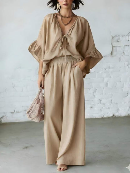 Women's Loose-Fit V-Neck Top & Wide-Leg Pants Two-Piece Set