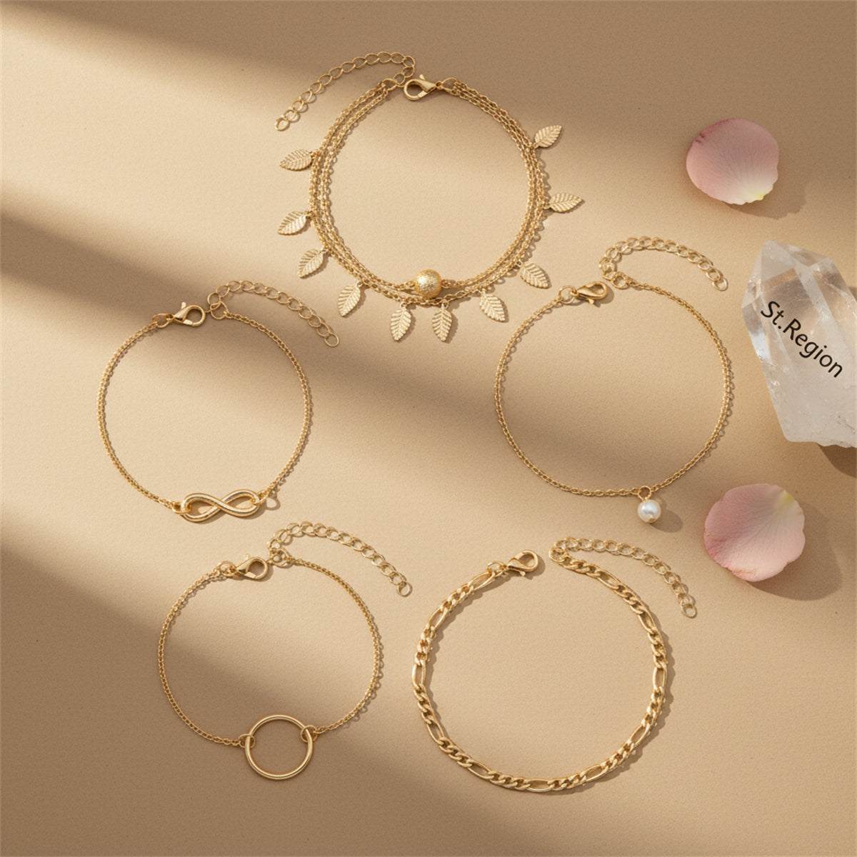 Pearl & Goldtone Textured Leaves Tassel Layered Anklet Set