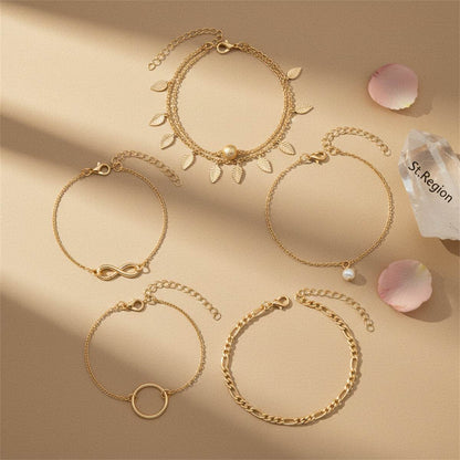 Pearl & Goldtone Textured Leaves Tassel Layered Anklet Set