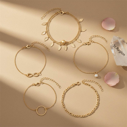 Pearl & Goldtone Textured Leaves Tassel Layered Anklet Set