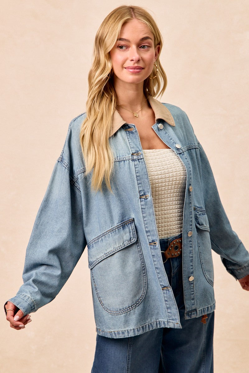 BiBi Washed Denim Contrast Collar Jacket