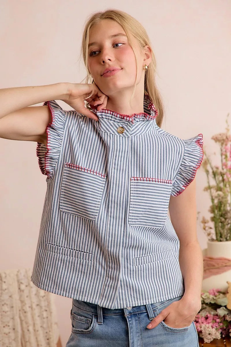SO ME Stripe Twill Stitch Ruffled Hidden Button Vest Top