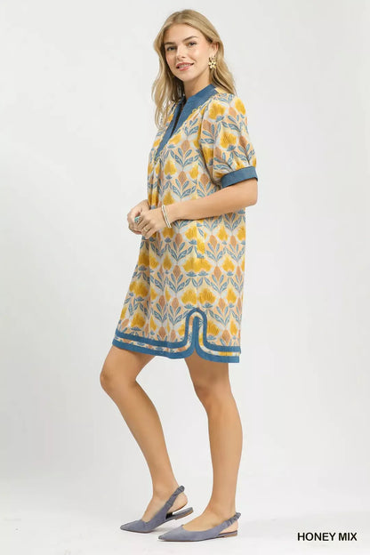Umgee Mix Tile Print Mini Dress in Honey Mix