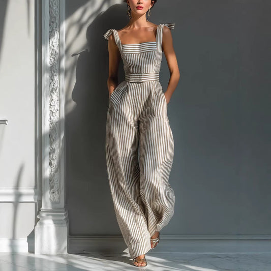 Women's Striped Linen Sleeveless Wide-Leg Jumpsuit
