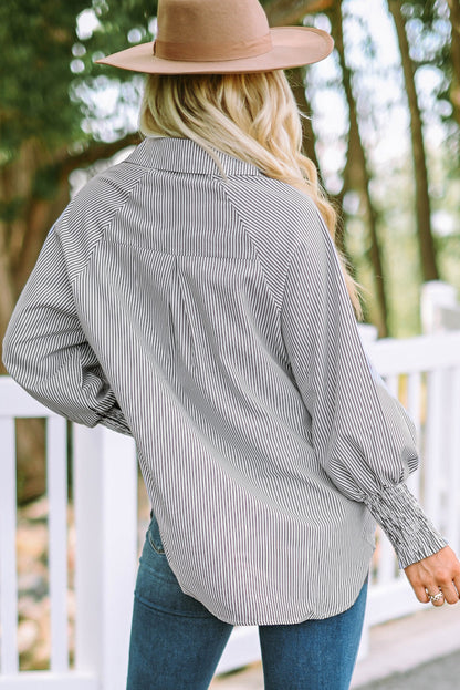 Threaded Pear Skye Smocked Cuffed Striped Boyfriend Shirt with Pocket