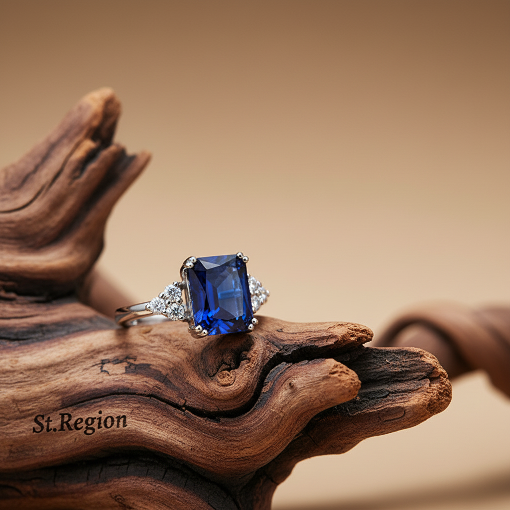 Navy Crystal & Cubic Zirconia Silvertone Princess-Cut Ring