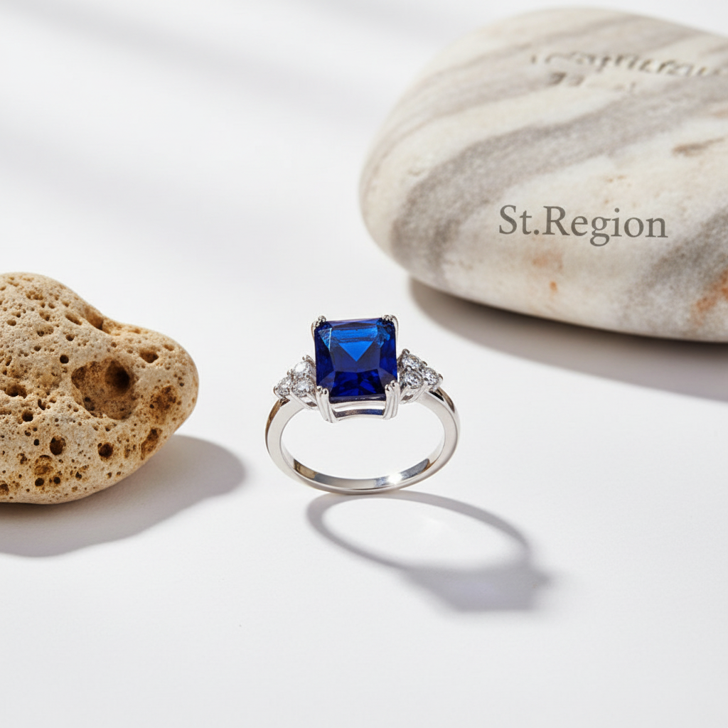 Navy Crystal & Cubic Zirconia Silvertone Princess-Cut Ring