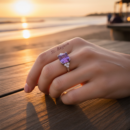 Purple Crystal & Cubic Zirconia Silvertone Princess-Cut Ring