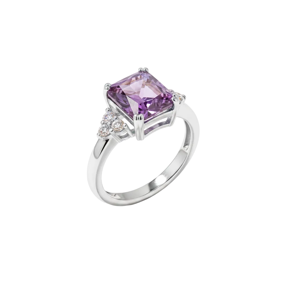 Purple Crystal & Cubic Zirconia Silvertone Princess-Cut Ring
