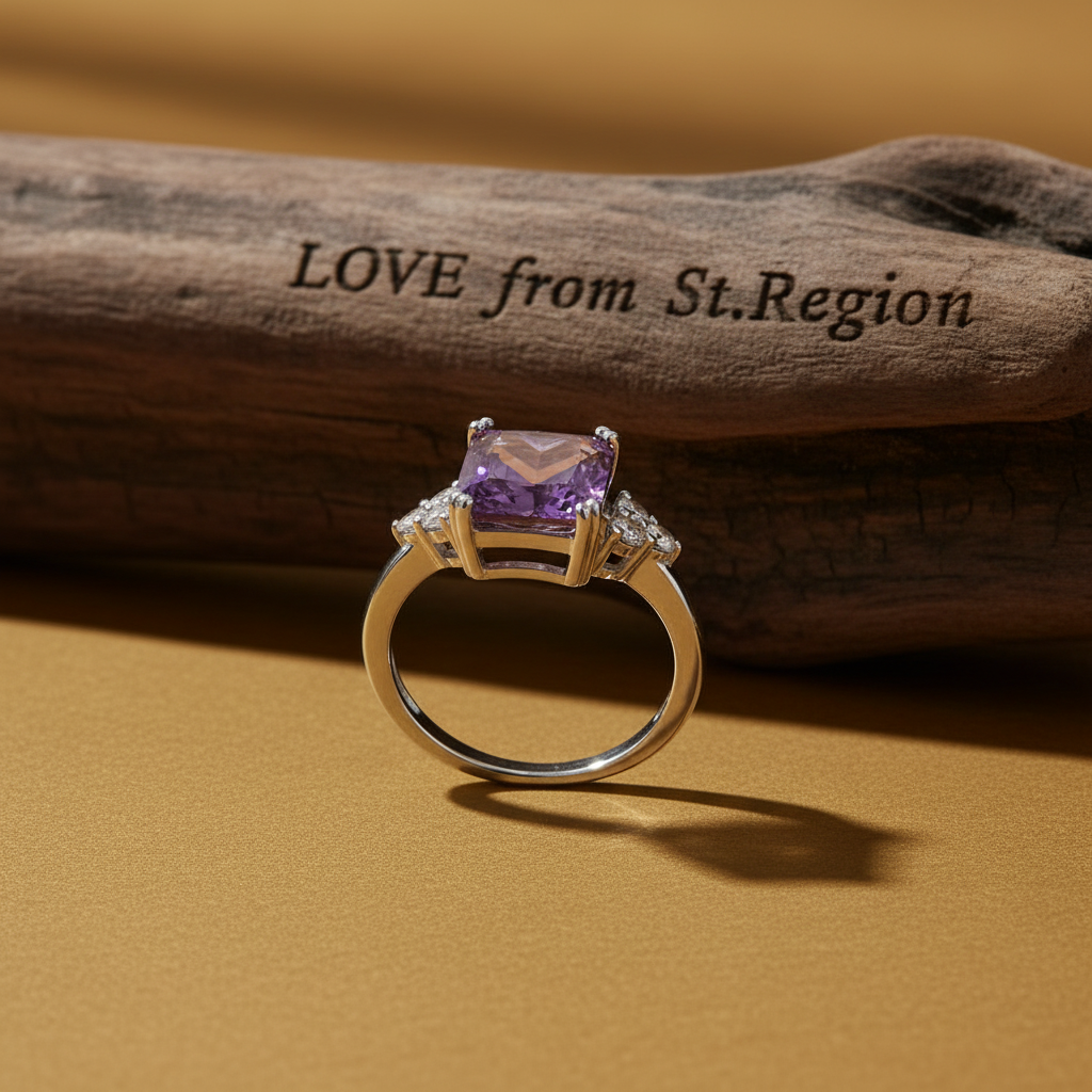 Purple Crystal & Cubic Zirconia Silvertone Princess-Cut Ring