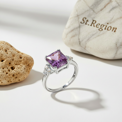 Purple Crystal & Cubic Zirconia Silvertone Princess-Cut Ring