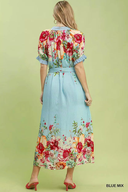 Umgee Mix Floral Border Print Midi Dress