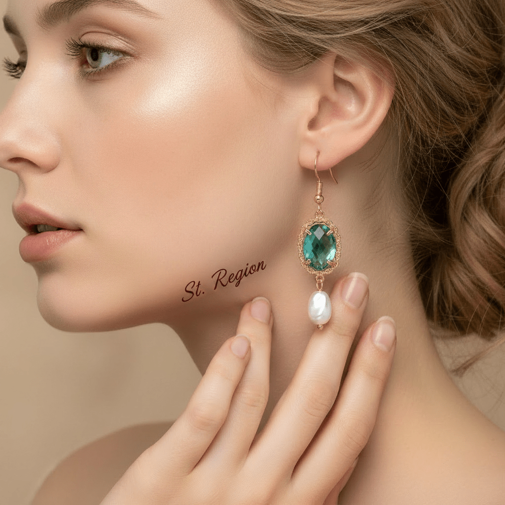 Bluish-Green Crystal & Baroque Pearl Goldtone Oval Hook Earrings