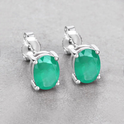 1.44 Ct Oval Green Zambian Emerald Prong 10K Gold Stud Earrings