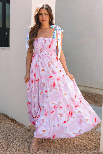 Threaded Pear Flora Floral Knotted Shoulder Smocked Maxi Dress