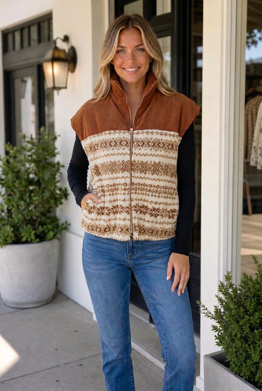 Threaded Pear Cennedy Collar Patchwork Design Vest