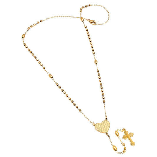 Ladies 18k Gold Plated Stainless Steel Padre Nuestro Prayer Heart Rosary Necklace