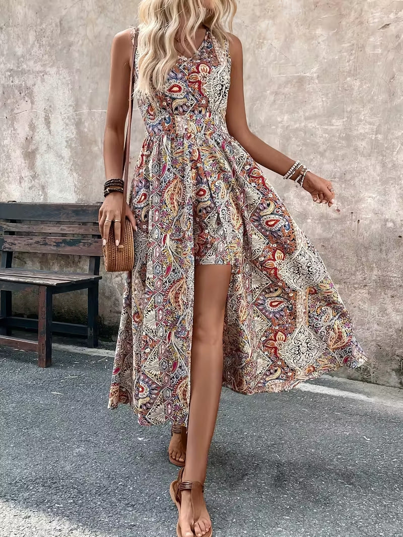 Women's Printed V-Neck Sleeveless Jumpsuit | Vacation Chic