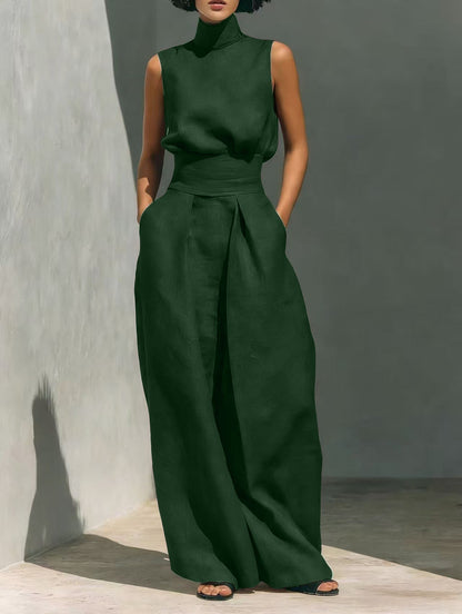 Women's Linen-Blend High-Neck Sleeveless Top & Wide-Leg Pants Set