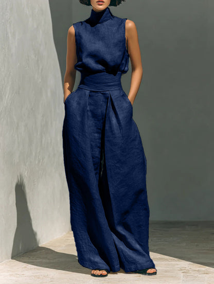 Women's Linen-Blend High-Neck Sleeveless Top & Wide-Leg Pants Set