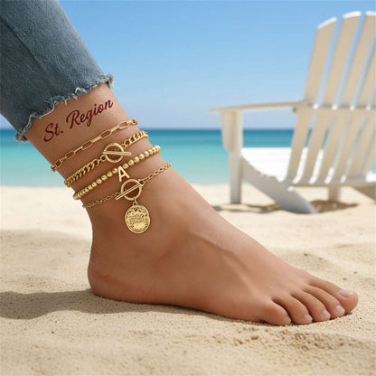 Goldtone Beads Chain 'GOOD LUCK' Charm Toggle Anklet Set