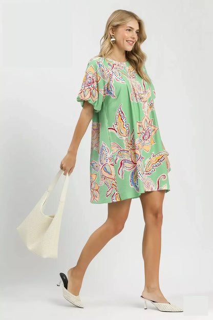 Umgee Boho Floral Print Mini Dress with Pockets