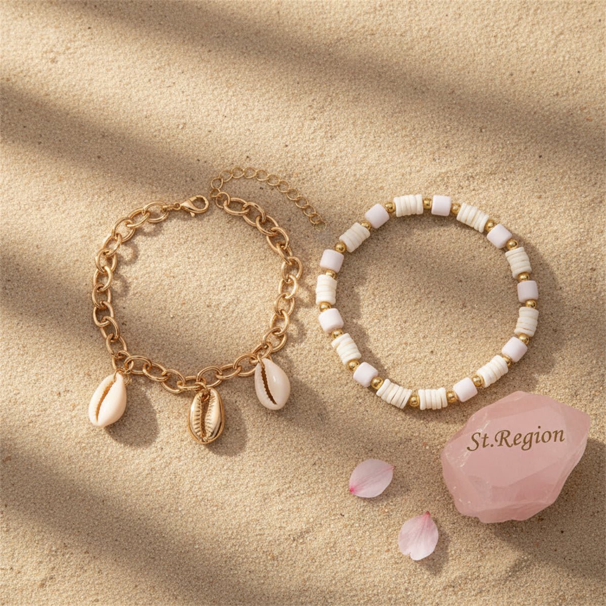 Polymer Clay & Shell Acrylic Goldtone Stretch Anklet Set