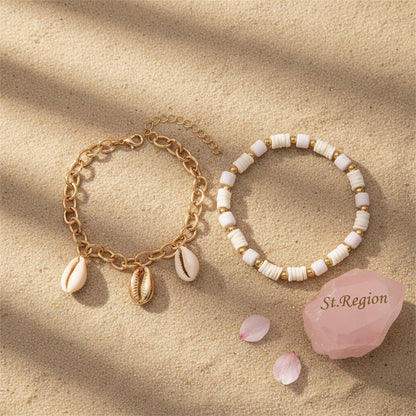 Polymer Clay & Shell Acrylic Goldtone Stretch Anklet Set
