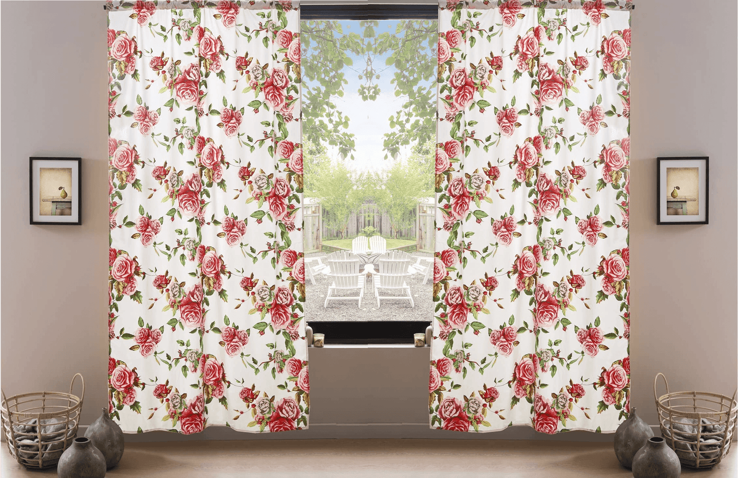 DaDa Bedding Set of 2-Pieces Romantic Roses Pink Floral Sheer Window Panel Curtains (JHW-879)