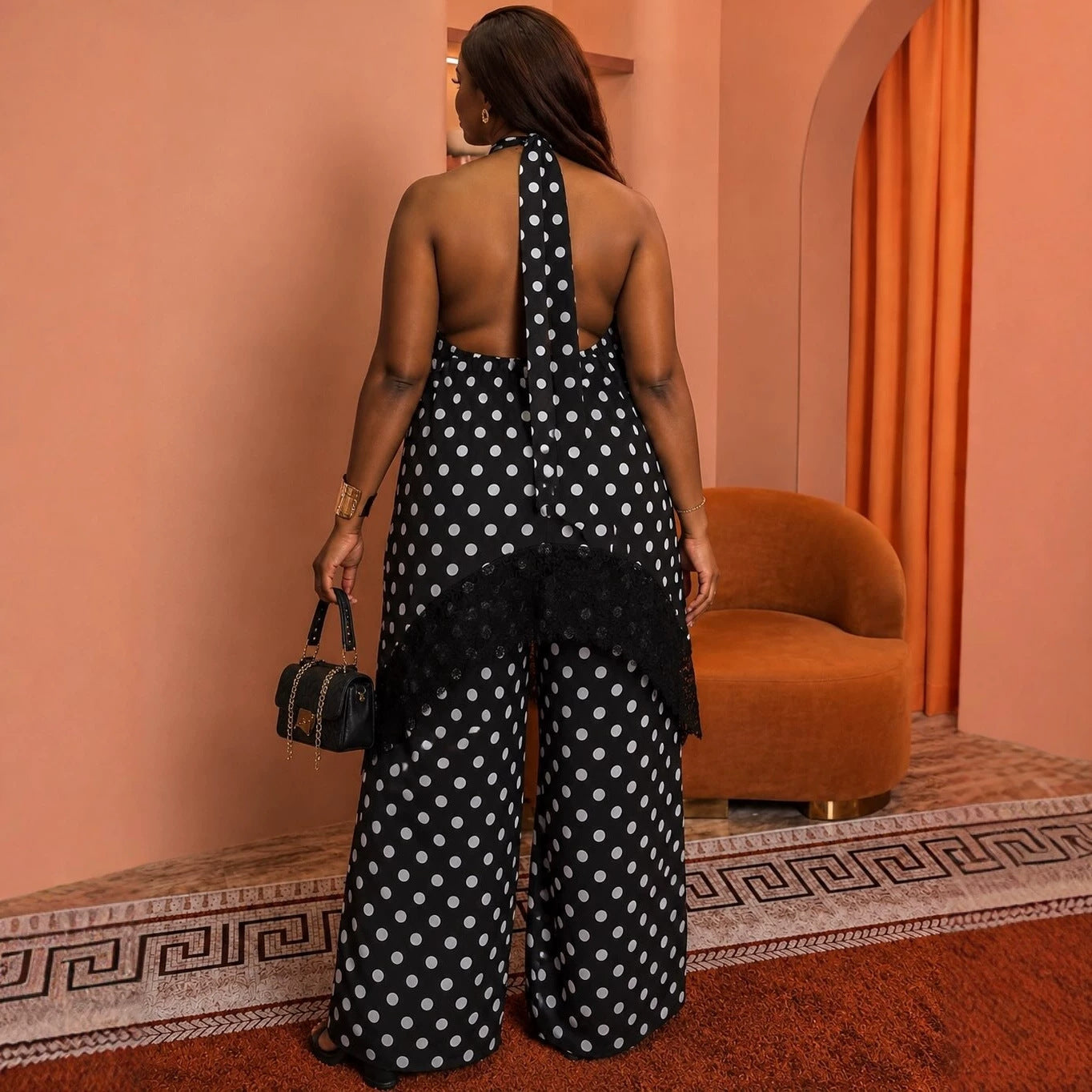 Women's Polka Dot Halter Top & Wide-Leg Pants Set – Lace-Hem, Open Back