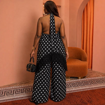 Women's Polka Dot Halter Top & Wide-Leg Pants Set – Lace-Hem, Open Back