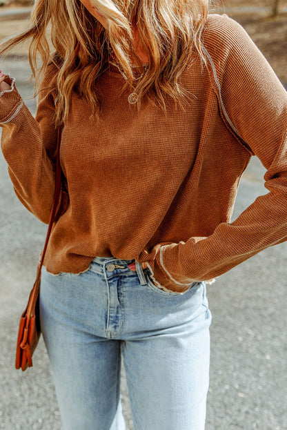 Threaded Pear Cataleya Textured Round Neck Long Sleeve Top