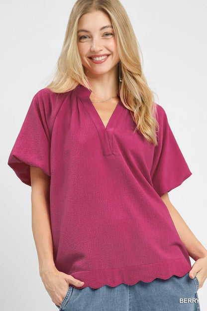 Umgee Scalloped Hem Textured Blouse