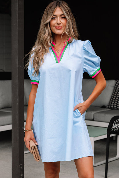 Threaded Pear Lily Striped Notched V Neck Puff Sleeve Mini Dress