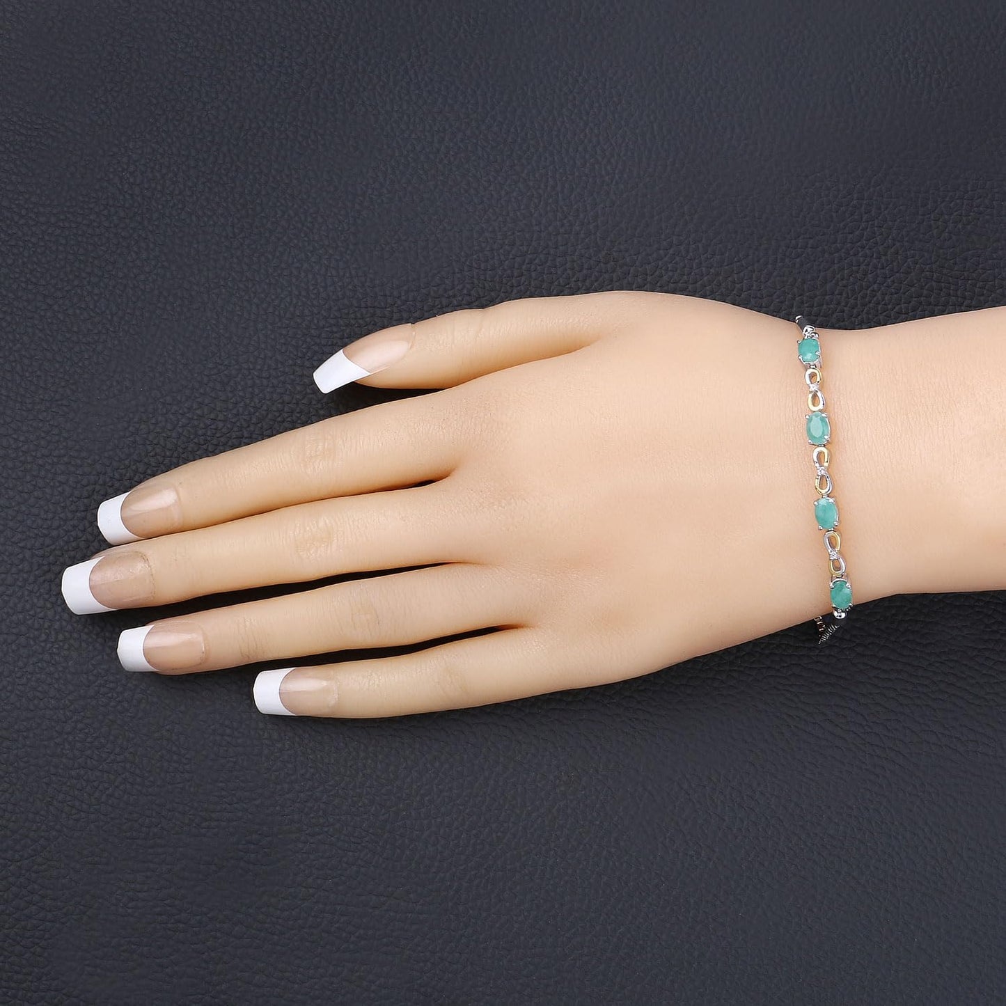 Oval Green Emerald Prong Silver Infinity Bolo Adjustable Bracelet
