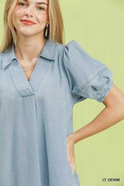 Umgee Chambray Collared Puff Sleeve Dress in Denim