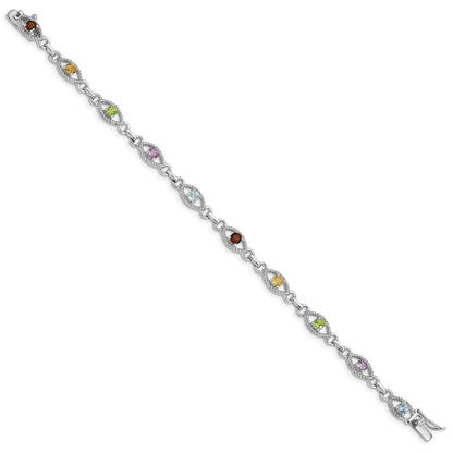 Genuine Multi Gemstone Silver Link Bracelet