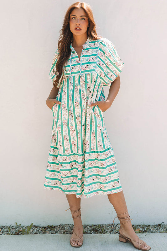 Threaded Pear Billie Striped Floral Tie Split Neck Puff Sleeve Midi Dress