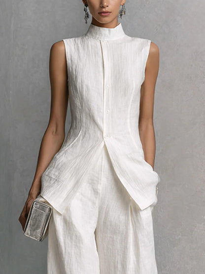 Women's Stand Collar Longline Vest Top & Wide-Leg Trousers Two-Piece Set